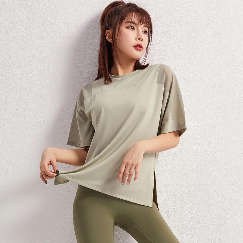 

2020 new female sports T-shirt with short sleeves loose leisure shoulder spell gauze gym do yoga suit coat running speed1, See chart