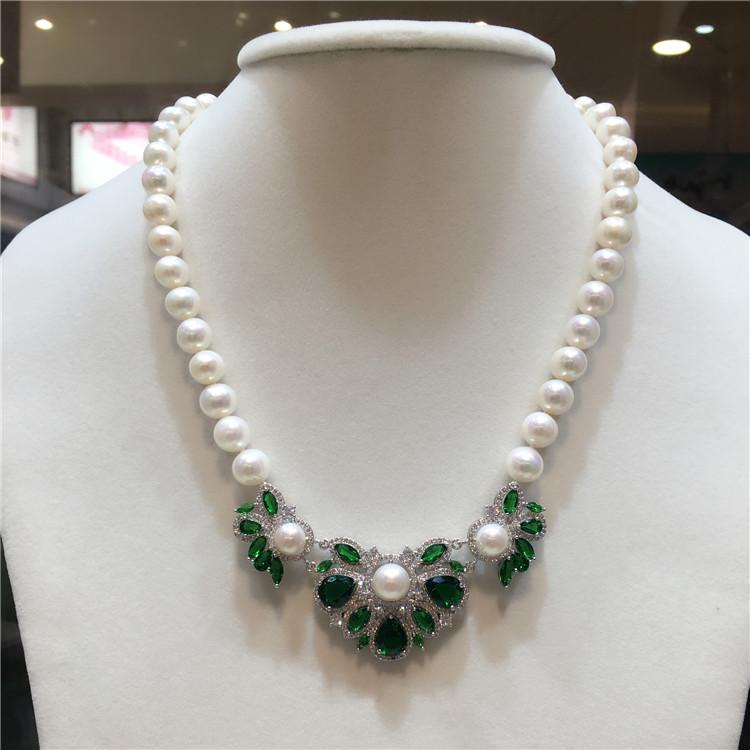 

Hand knotted natural 8-9mm white freshwater pearl micro inlay zircon accessories necklace fashion jewelry