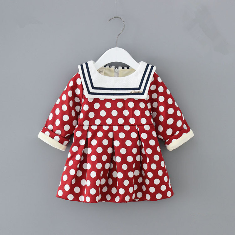 

2021 New Es Winter Veet Long-sleeved Sailor Collar Dot Kids Clothes Girls Baby Christmas Red Navy 0-2y Wsgs, Blue