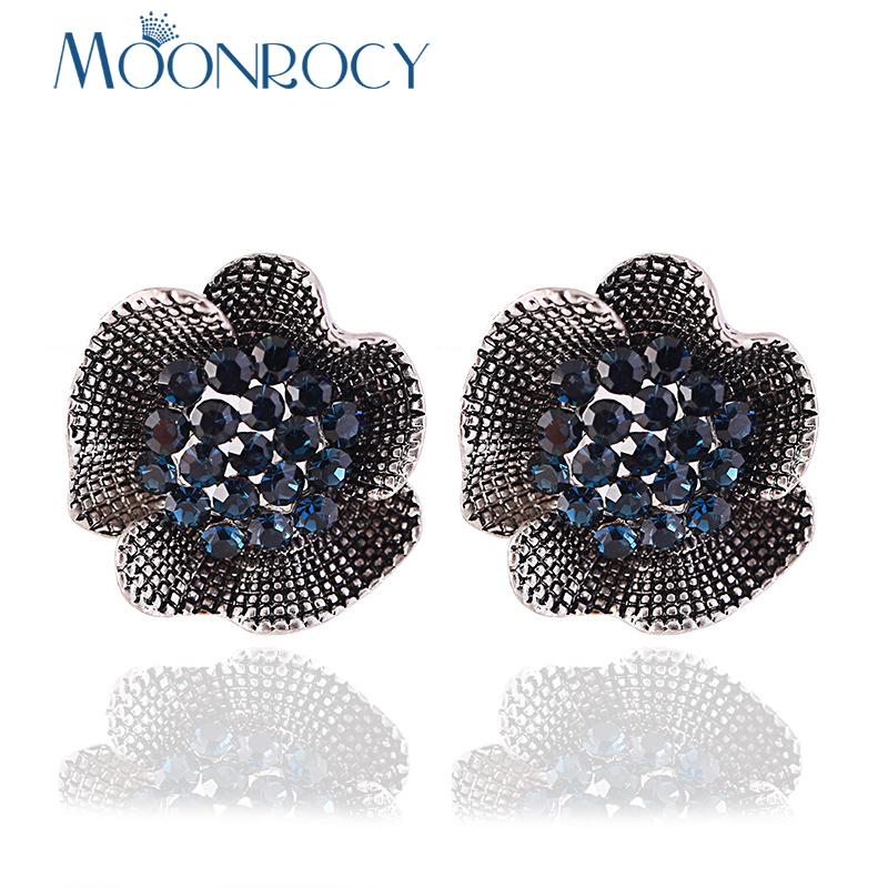 

MOONROCY Vintage Blue Grey Flower Crystal Tassel Earrings Dangle for Women Bohemia Party Drop Shipping Jewelry Wholesale Gift