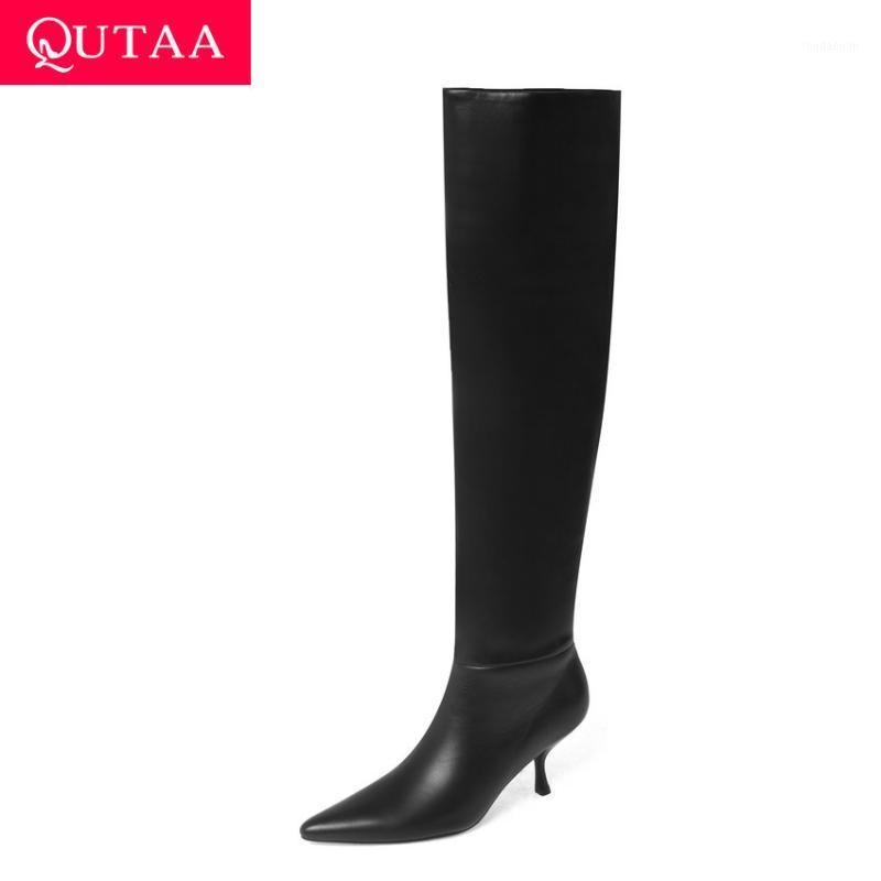 

QUTAA 2021 Soft Cow Leather PU Autumn Winter Woman Boots Thin High Heel Knee High Boots Sexy Pointed Toe Women Shoes Size 34-431, Beige