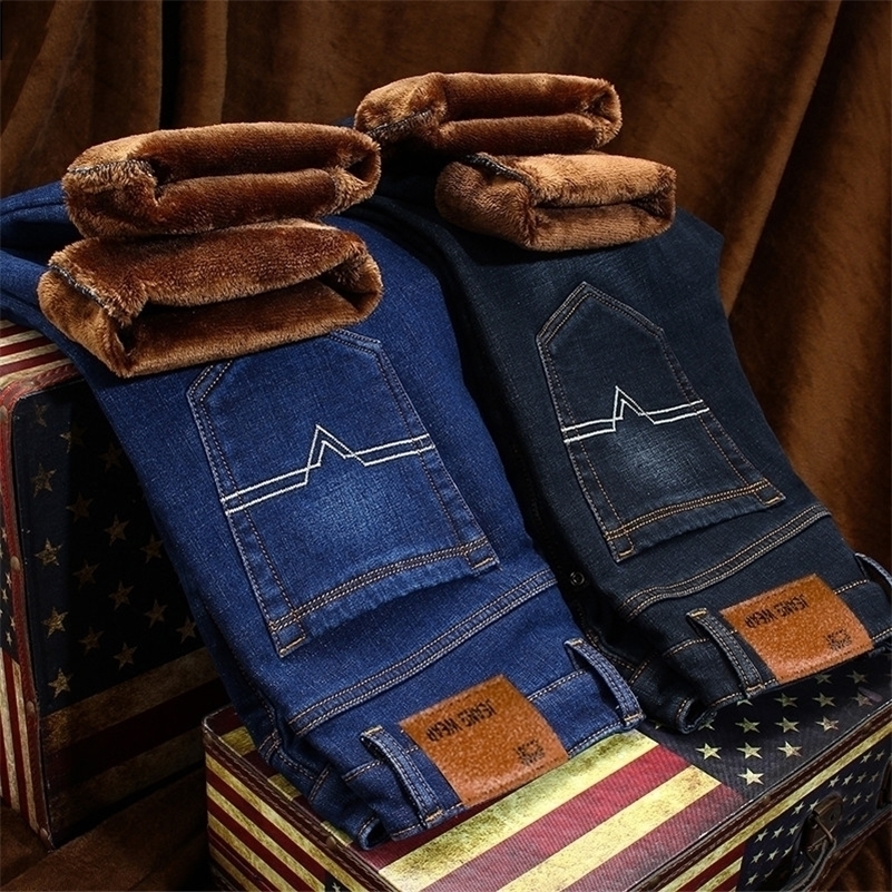 

New Men Activities Warm Fleece Jeans High Quality Famous Autumn Winter Jeans Warmtthicker Flocking Warm Soft Men Jeans 201111, Blue