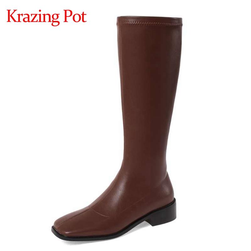 

Krazing pot 2021 new handmade square toe med heel winter shoes Korean street pretty girls dating charming knee-high boots L72, White
