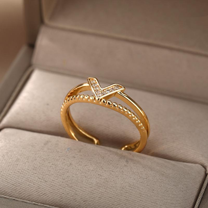 

Cluster Rings Zircon Gold Double Opening Letter V For Women Geometric Finger Adjustable Ring Wedding Party Accessories Boho Jewelry Gift, Golden;silver