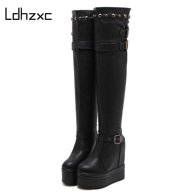 

LDHZXCSexy Metal Buckle Over The Knee Boots High Heels Platform Wedges Black Tight High Boots For Women Fashion Rivet Winter