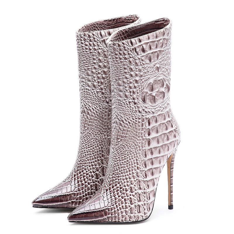 

2020 New Brand Women Boots Fashion Super High Heels Ankle Boots Crocodile skin Autumn Pointed Toe Winter Female Calf, Brown