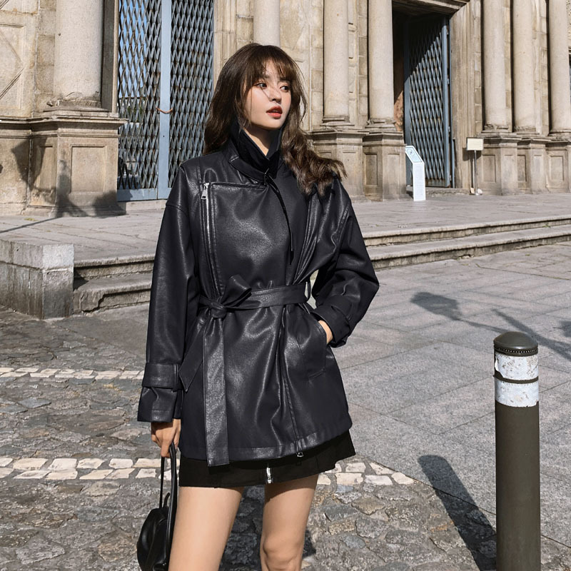 

2021 New Leather Autumn of the New Korean-style Women Bf Wind Loose Locomotive Lapel Casual Fashion Put on Jacket with Zipper Py4 7wzh, Black