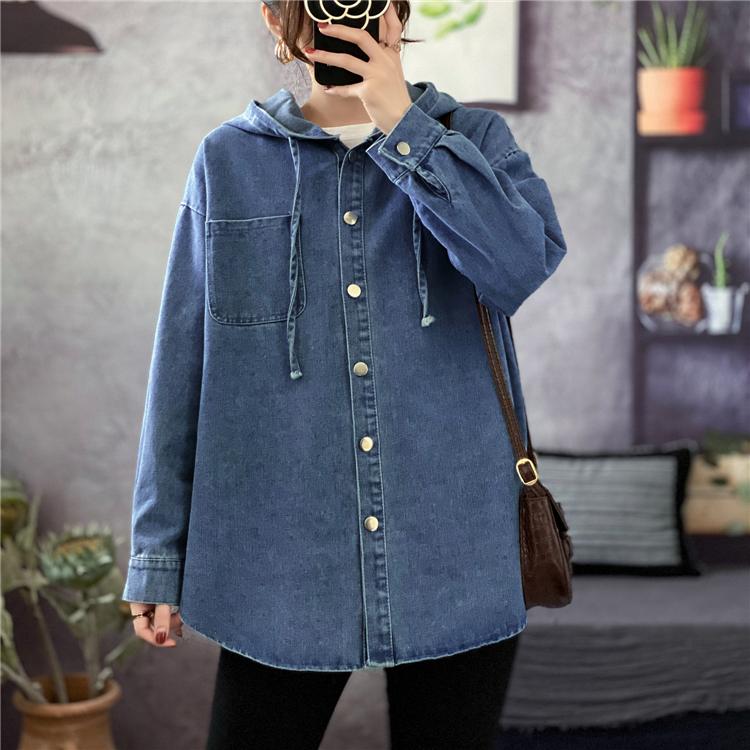 

2021 Korean Style Irregular Thin Single Breasted Hooded Denim Loose Large Women'S Fashion Jacket, Blue