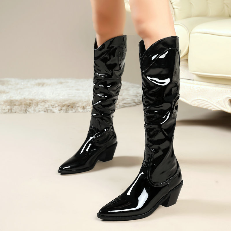

2020 Women Boots Fashion Wedges High Heel Knee High Boots Pointed Toe Western Autumn Winter Long Ladies Shoes, Black