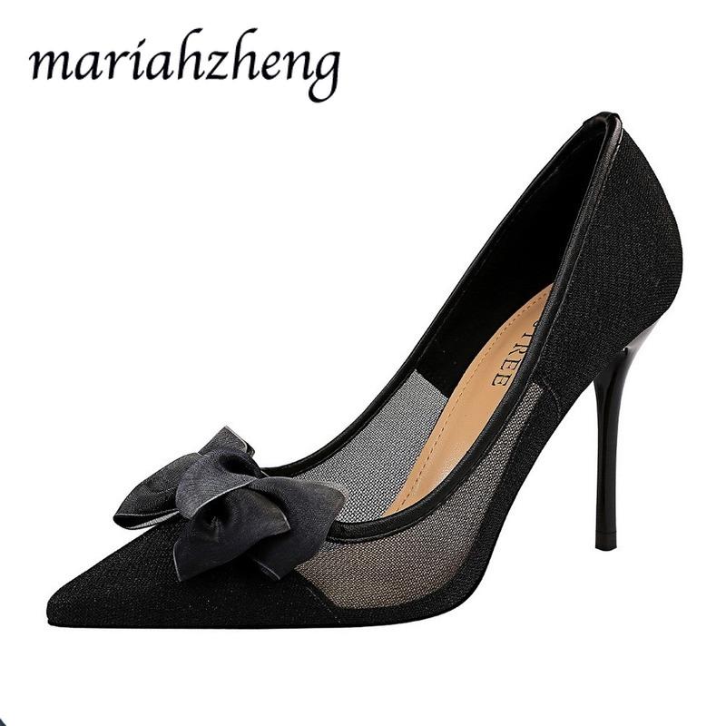 

Meriahzheng 9.5CM 2020 Sexy Nightclub Mesh Women's Shoes with Stiletto Shallow Pointed Bow Heels Hollow Women's Single Shoes DS, Black
