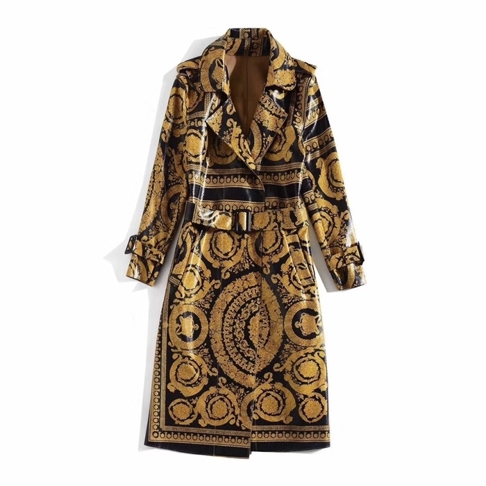

European and American women' autumn/winter 2019 new style Long-sleeve vintage print lace-up Trench coat, Multi