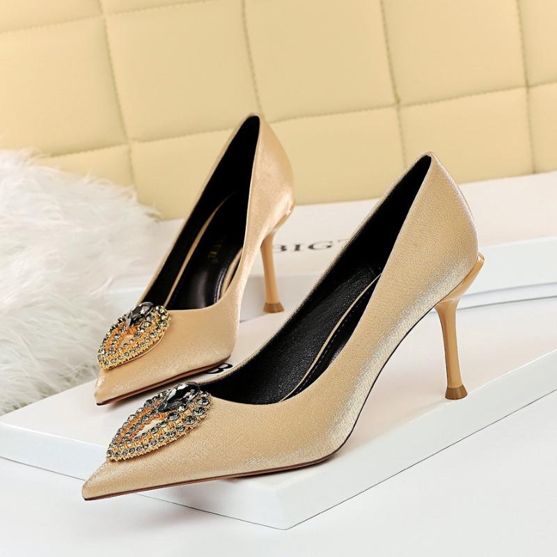 

New Spring Fashion Female Dress Pumps Silk Party Pointed Toe Office Career 8.5cm Thin High Heels Ladies Solid Party Women Shoes, Champagne