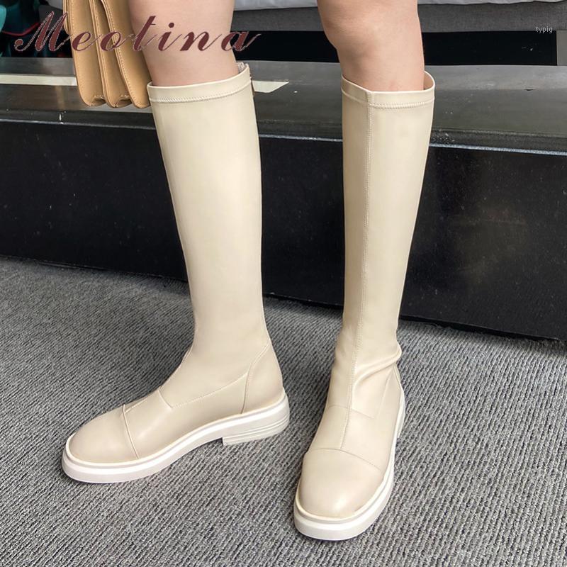 

Meotina Zipper Flat Platform Riding Boots Women Shoes Real Leather Knee-High Boots Autumn Long Ladies Winter Beige Size 401, Black synthetic lin