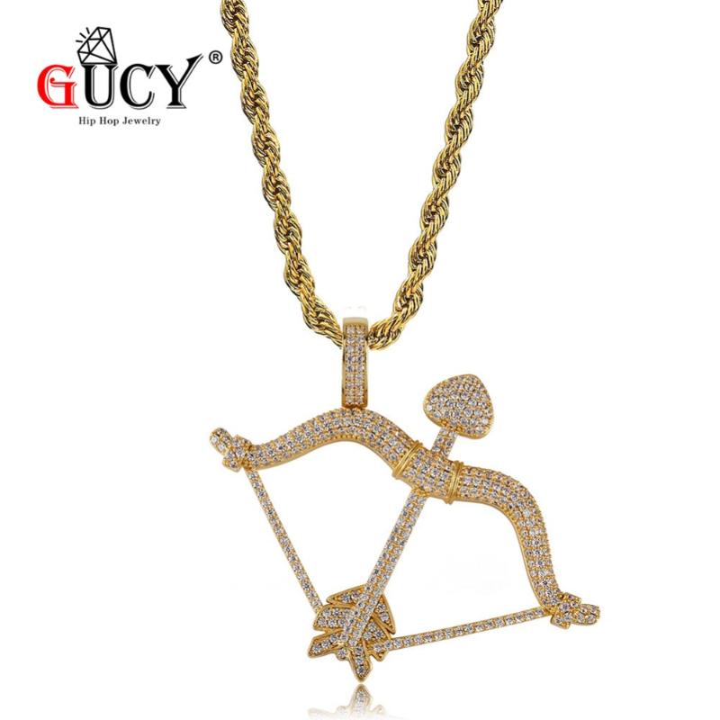 

GUCY Hip Hop Fashion Soild back Bow and Arrow Pendant Necklace Iced Out Cubic Zircon Gold Silver Color Pendants Gift