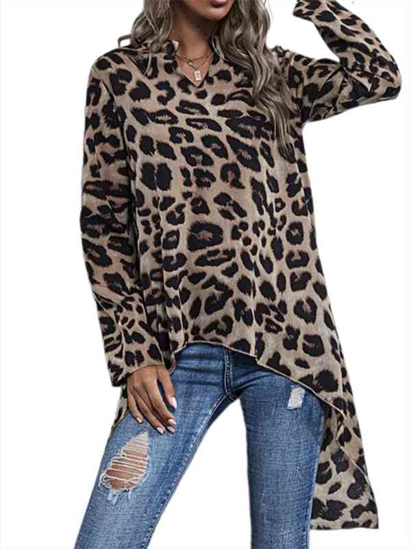 

Womens Leopard Printed Long Blouses Irregular Shirt Short Front Long Back V-neck Sleeve Top For Female Streetwear, White