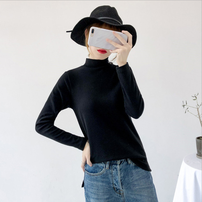 

2021 Spring New Stuffed Turtleneck Female Bottom Shirt Wool Pull Long Sleeve Woman's Sweater 9X17, Black