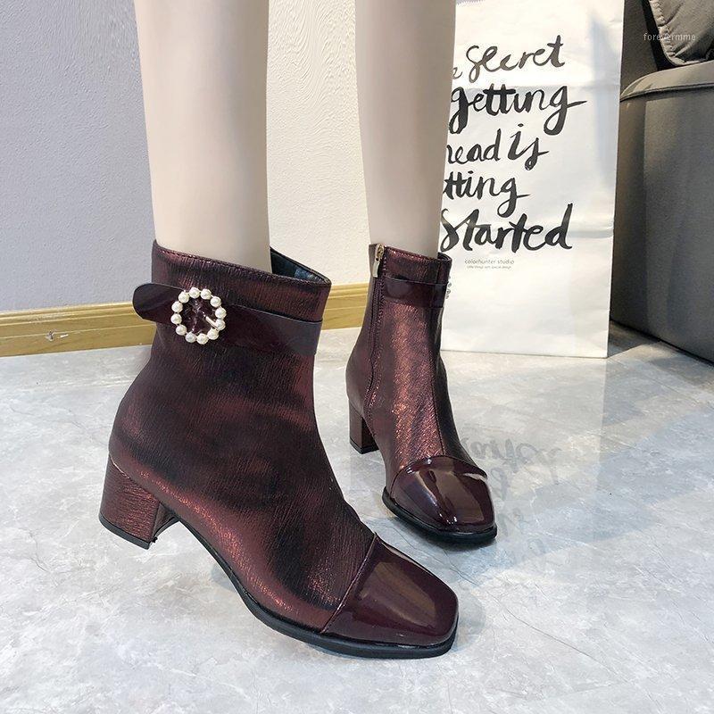 

Fashion Warm Short Boots Women Thick Heels Short Plush Mid Calf Boots Pointed Toe PU Pumps Women High Heels Autumn1, Black