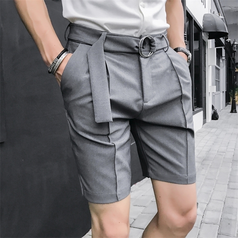 

Summer British Men's Pants Solid Color Business Dress Trousers Casual Slim Fit Suits Shorts Side Split Five-point Streetwear 201106, Beige
