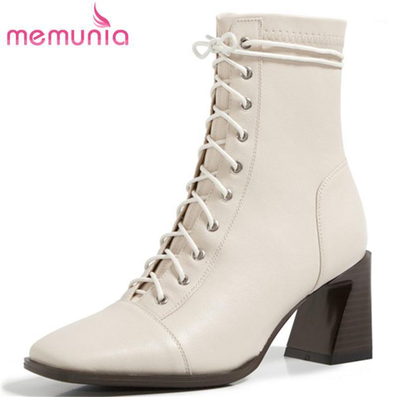 

MEMUNIA 2021 new arrive genuine leather +pu ankle boots women square toe thick heel dress party shoes woman boots black1, Black not fur