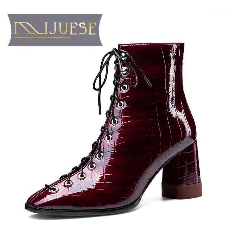 

MLJUESE 2021 women Ankle boots Patent Leather Winter short plush Square Toe Zipper High heels female boots size 411, Black