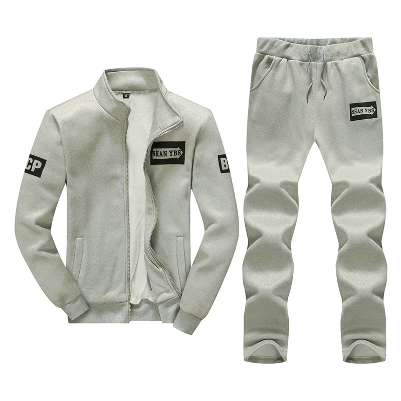 

2019 new men's sports and leisure trousers suit stand collar solid color long-sleeved jacket spring and autumn sweater (The Logistics P, Gray