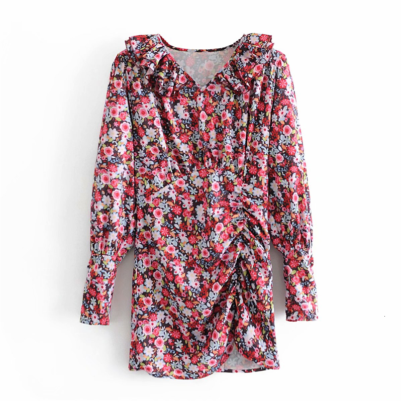 

2021 New Elegant Women Cascading Ruffles V-neck Es Fashion Ladies Floral Print Vintage Female Draped Asymmetric Vestidos 8j8w, Red