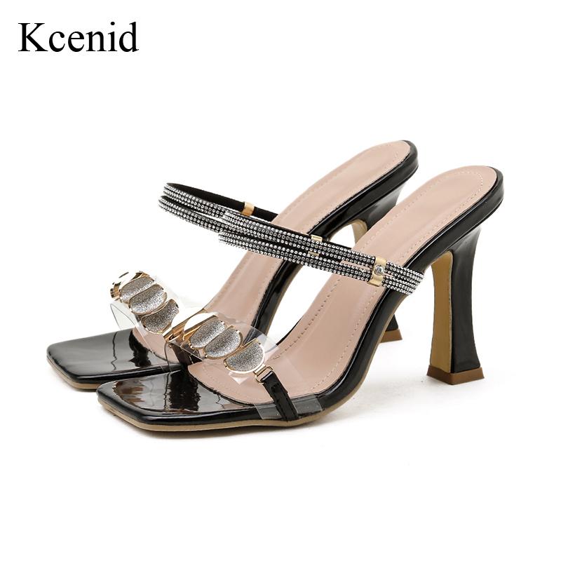 

Kcenid Fashion crystal rhinestone women slippers metal design female slides ladies mules high heels slippers gladiator sandals, Apricot