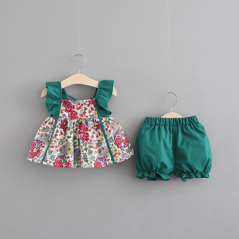

2021 New Newborn Baby Girls Clothes Set Summer Sleeveless Floral Tops+pants 2pcs Girl Clothing Outfits 0-24m Kutj, Green
