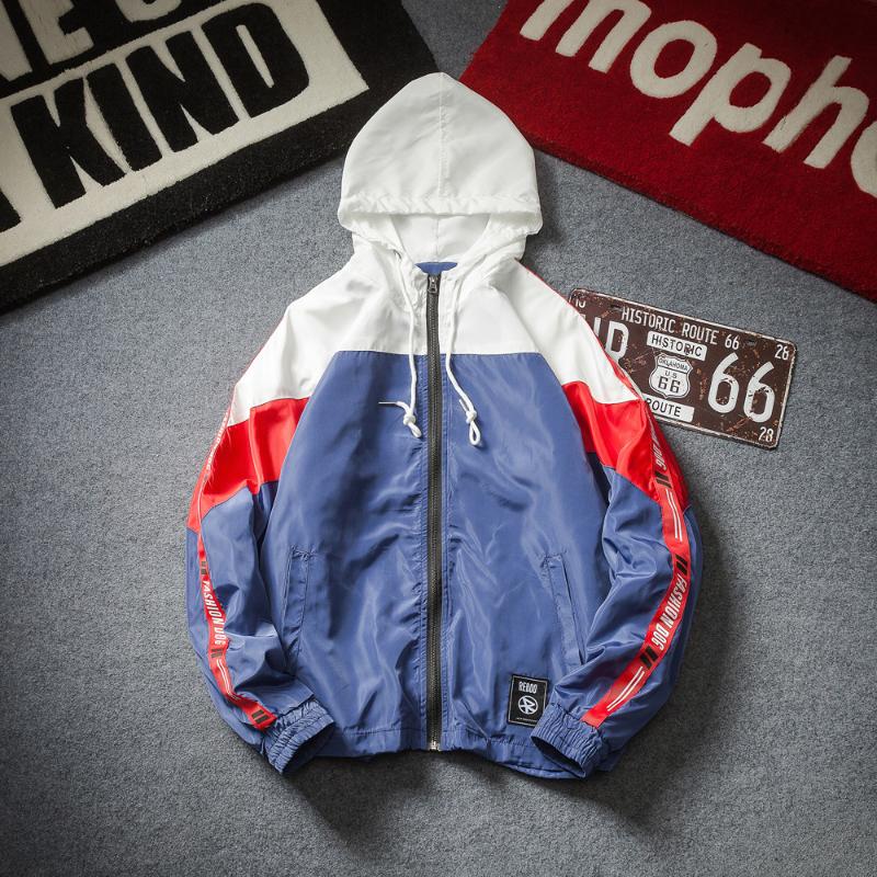 

Autumn Men's Hoodies Windbreaker Jackets Side Stripe Letter Patchwork Hooded Jacket Spring Fashion Loose Casual Sportswear Coats, Black