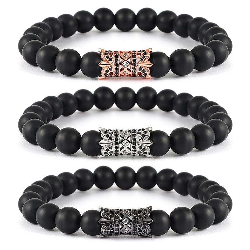 

ZAER Men's Strand Bracelets Classic Matte Lava Stone Black Beads Bracelet For Men Pave CZ Crystals Bracelets Charm Jewelry Gift