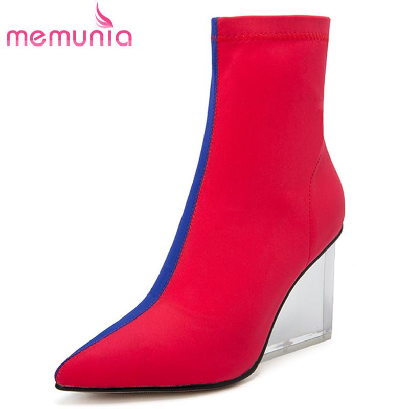 

MEMUNIA 2020 newest party wedding shoes women ankle boots pointed toe mixed colors autumn winter transparent wedges shoes woman, Orange pink