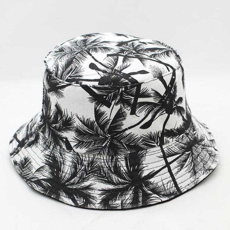 

New Unisex Fashion Summer Reversible Black White Coconut Tree Printed Fisherman Caps Bucket Hats Gorro Pescador Men Women