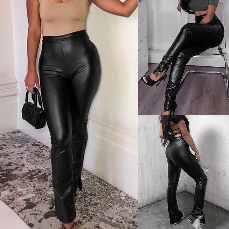 

Faux PU Leather Women Pencil Pants Side Split Skinny Bodycon High Waist Tight Trouser Black Fashion Fall Clothing
