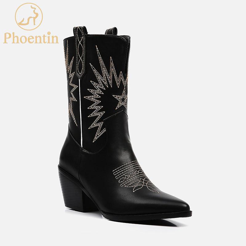 

Phoentin sewing star ankle boot wedge black 2020 British pointed toe white boots high heels women's shoes plus size 45 FT7531