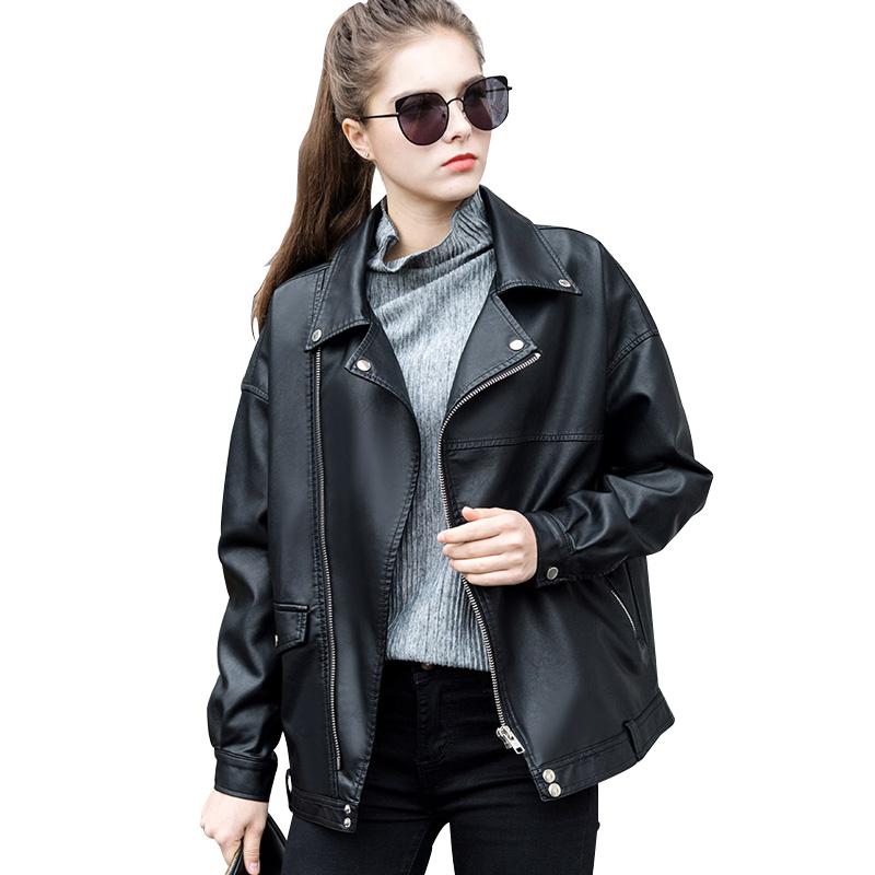 

Loose Faux Leather Jacket Women Turn-down Collar Short Motorcycle Biker Leather Coats Ladies Basic Rivet Jackets For Female, Black