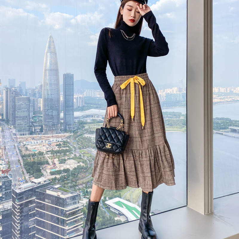 

2021 Autumn New Black Style Long Sleeves Mesh Stretch Retro Houndstooth Bottom Shirt Sock Skirt of Women Two-piece Suit Rfq8