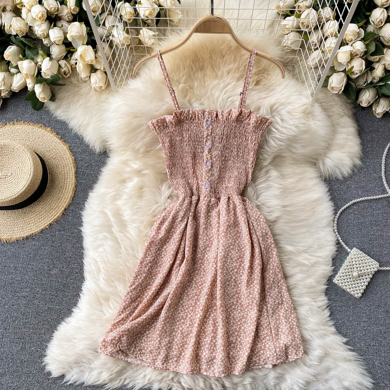 

2021 New Singiny feminine floral girdle short summer sweet turtleneck dress bohemian imprint the line dressed beach QTCE, White floral