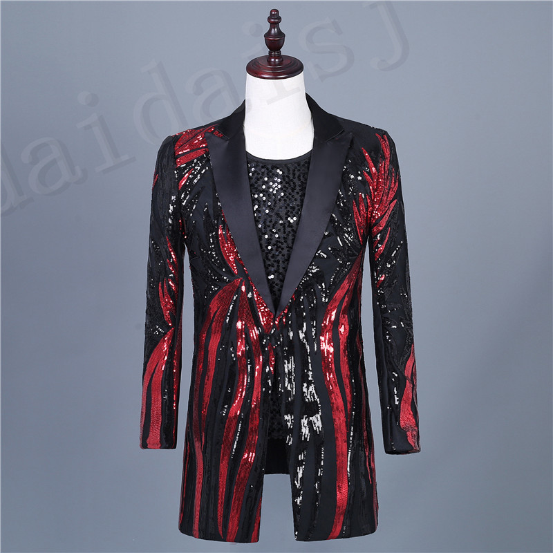 

2020 Men Blazer Sales Plus Size Red Print Suit Costumes for Personality Singers Lantejoulas Long Coat Clothes Section Jwkf