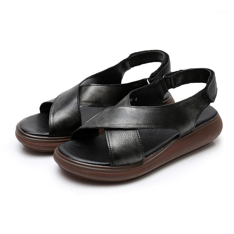

Summer Women Shoes Black Genuine Leather Platform Sandals Hollow Platform Shoes Flat Casual Sandals Ladies Simple Mom1, Khaki