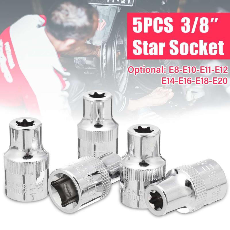 

5 Pcs/Set E Type CRV Steel Torx Star Bit Socket Set 3/8Inch Drive E8 E10 E11 E12 E14 E16 E18 E20 CRV Steel Repair Hand Tools