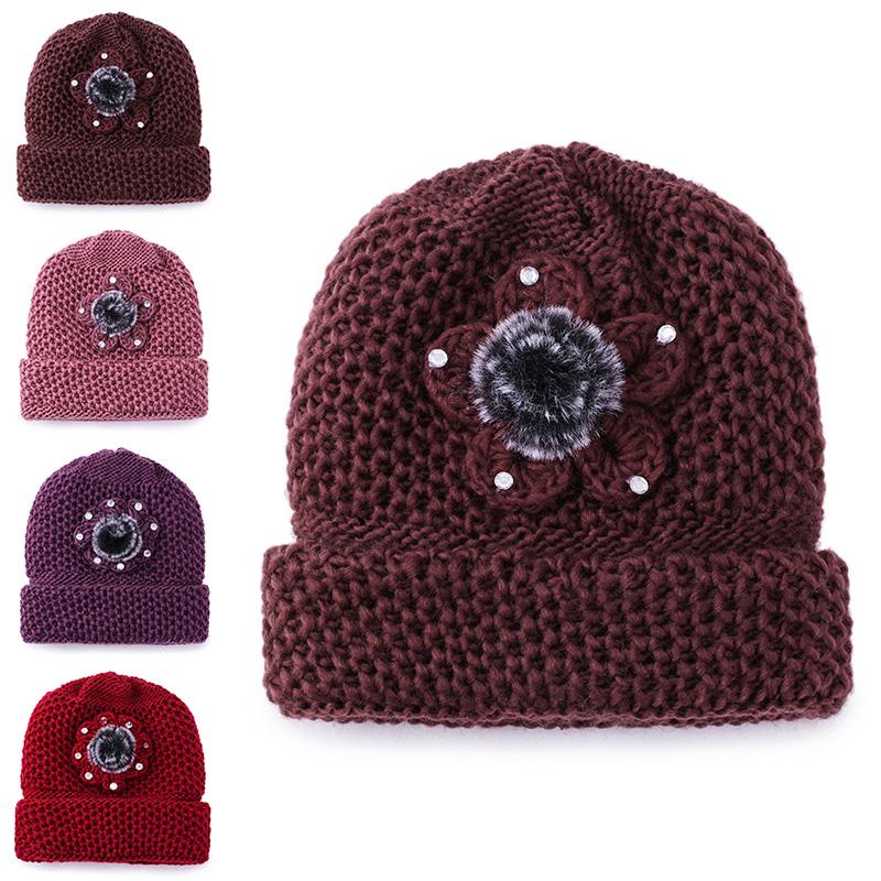 

New Fashion Women Winter Solid Knitted Hat Floral Bonnet Wool Mixed Fur Warm Hat Outdoor Knitted Baggy Headwear Cap, Red