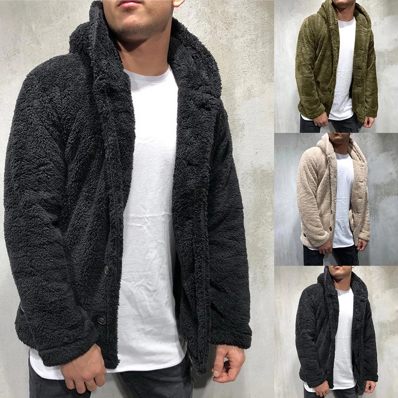 

2021 Winter Warm Fluffy Fleece Fur Hooded Coat Men Thick Hoodies Tops Outerwear Long Sleeve Cardigans Sweatshirts, Grey