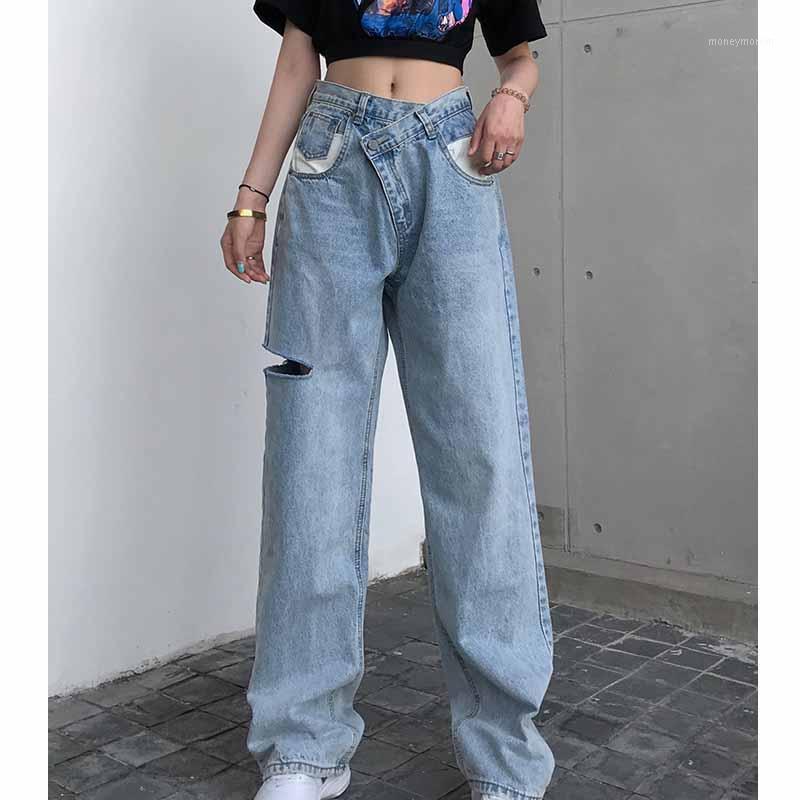 

Autumn 2020 New High Waist Women' Fashion Loose Destroyed Hole Denim Mopping Pants Casual Vintage Wide Leg Jeans Trousers1, Light blue