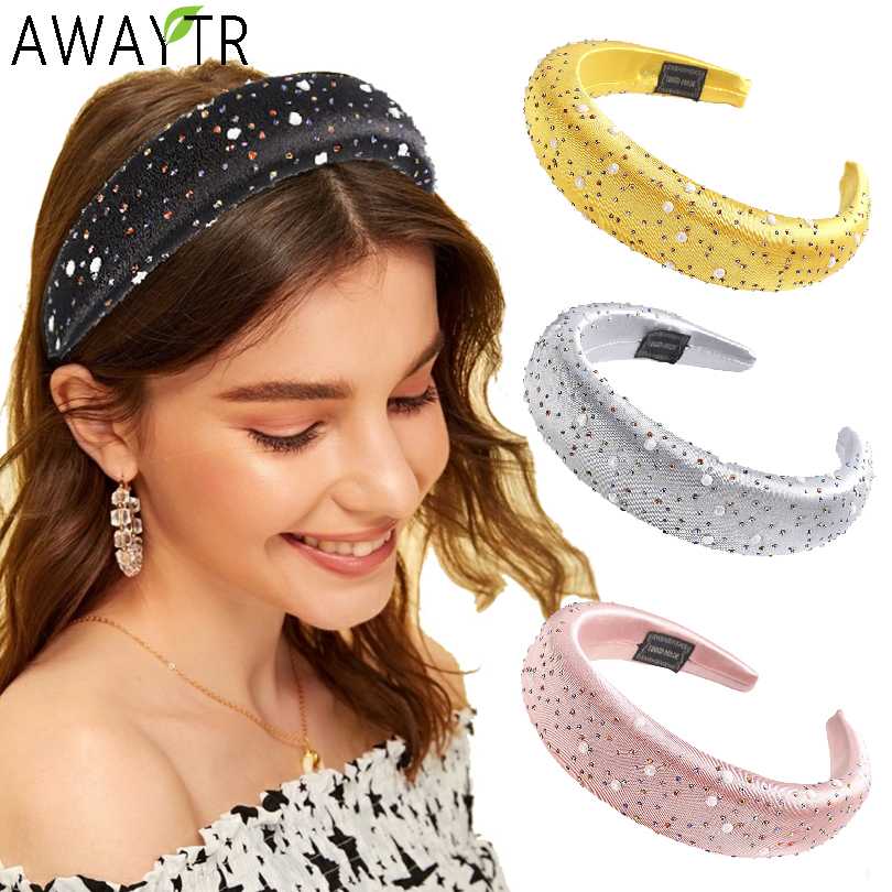 

AWAYTR Women Crystal Headbands Solid Color Pearl Sponge Hairband Wide Thick Hair Hoop Bands Rhinestones Fashion Hair Accessories