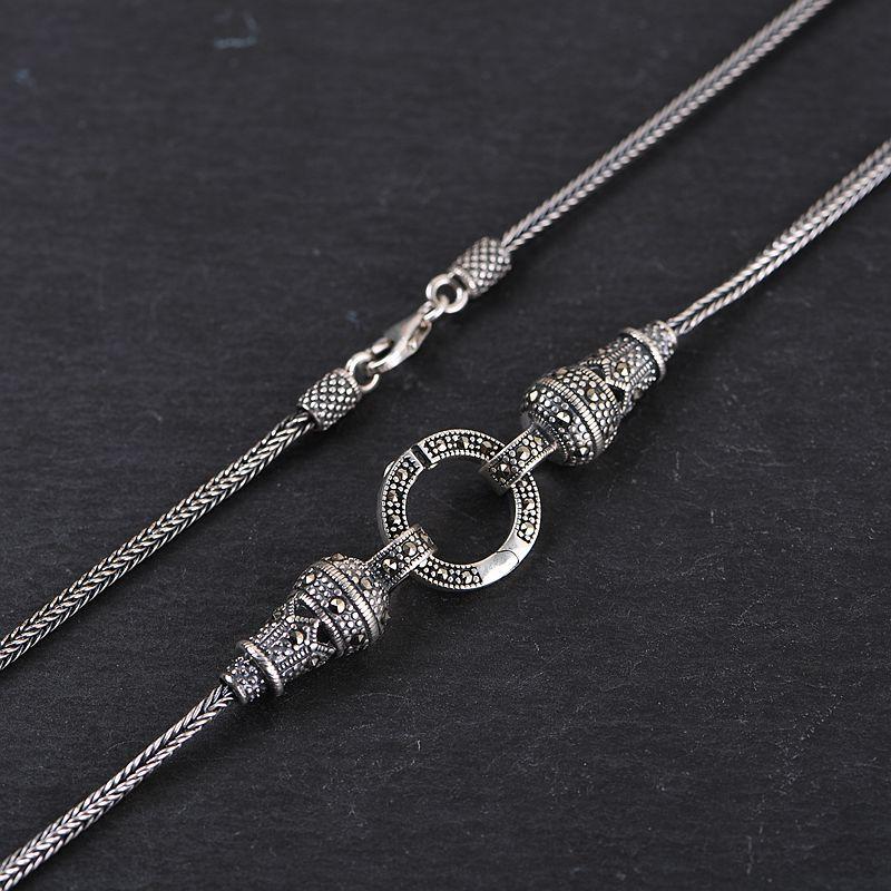 

S925 Silver Retro Fashion Style Female Chopin Chain Foxtail Chain Necklace multi-function Button Mosaic