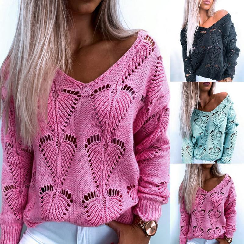 

Women V-neck Hollow Simple Casual Long-Sleeved Sweater1, Black