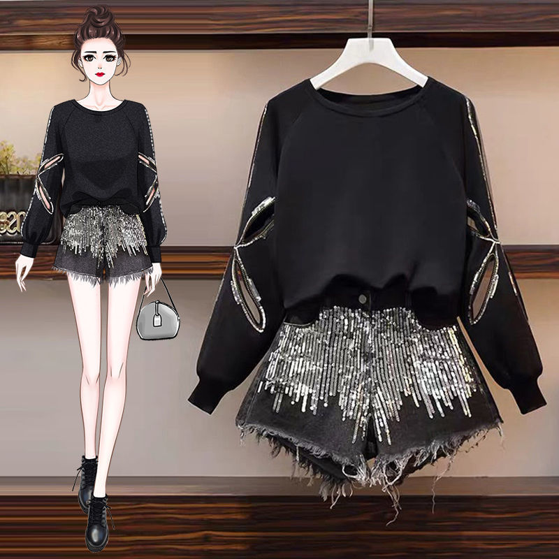 

2021 Autumn New Fashion Female Suites of Two Solid Color Paste Long Thin Tops denim shorts defines more size 4xl y449 VTEO, Hey;suit.