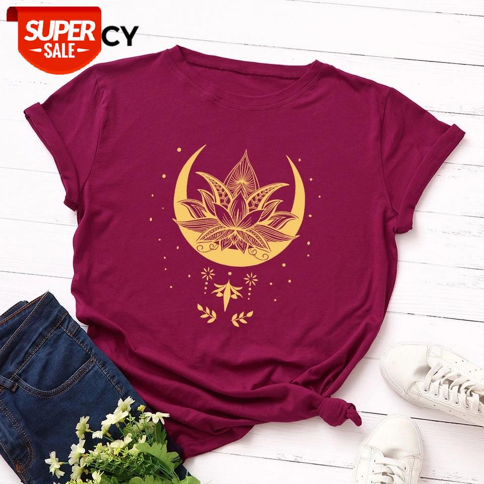 

JFUNCY New Women T-shirt Lotus Print Tops Summer Cotton Woman Tshirt Plus Size Girl Casual Basic Tees Female Tshirt #Ot2A, White