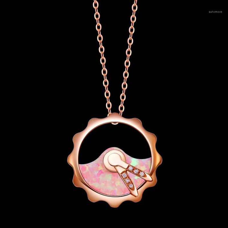 

18K Gold Real Diamond Women Pendant Necklaces Round Clock Pink Opal Wedding Party Engagement Anniversary Necklaces Birthday1