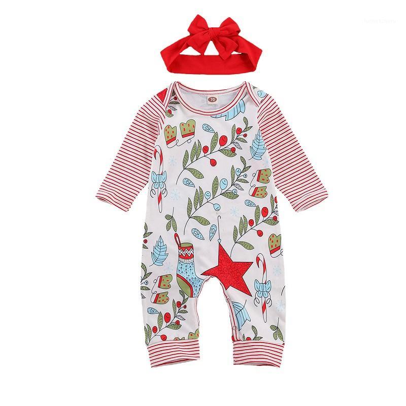 

2020 Christmas Newborn Baby Boy Girl Striped Long Sleeve Floral Romper Jumpsuit Headband 2PCS Xmas Clothes1, As pic